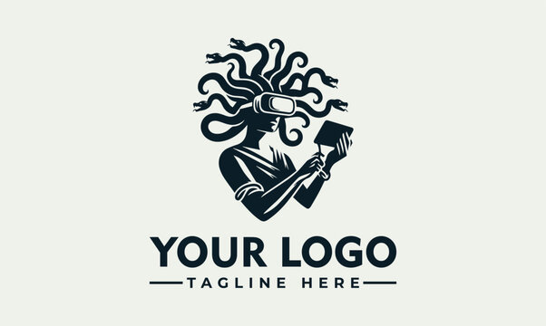 Medusa VR headset mascot logo design featuring snake hair cyber gaming concept