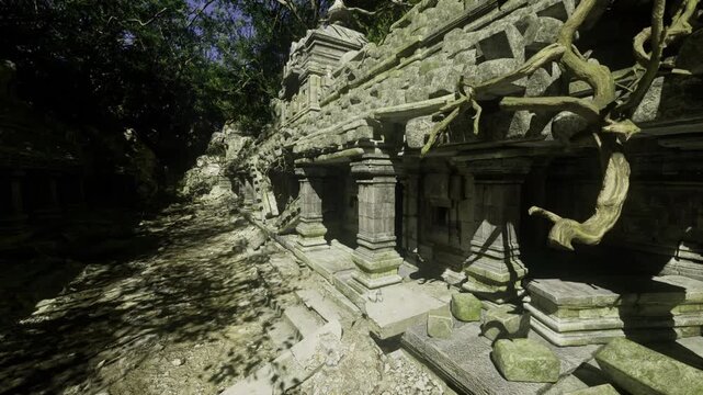 dappled forest light across ruined colonnade, filtered sun creating patterned shadow pools, soft moss textures and secluded stone path into green gloom