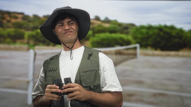 Man in green vest and wide brim hat holding binoculars to eyes, chin raised, smiling and looking up in forest beside a fenced trail; curiosity exploration wonder.