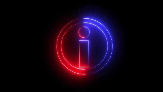 Animation of small letter i between two circles by blue and red icon on black background.