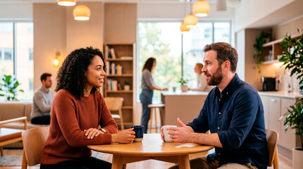 Fototapeta premium Colleagues Connect: A warm and inviting modern office breakroom where two colleagues engage in a friendly conversation over coffee, fostering connection and collaboration in a relaxed atmosphere.