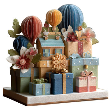 Handmade paper pop-up holiday gift scene with presents and decorations. 3D festive craft display featuring wrapped boxes and ornaments.