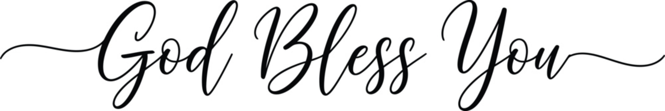 Elegant black calligraphy script text reading god bless you isolated on a clean white background for religious greeting cards