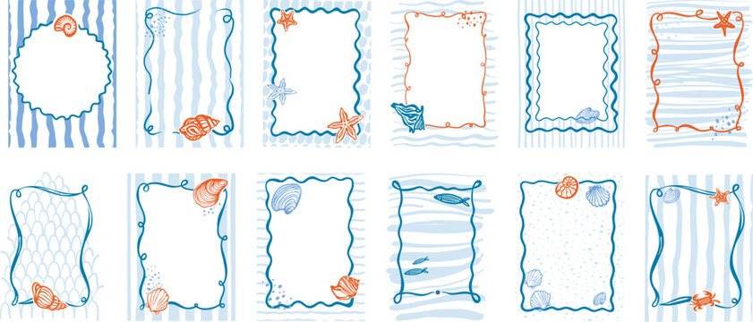 Collection of coastal decorative frames with shells starfish and striped nautical backgrounds