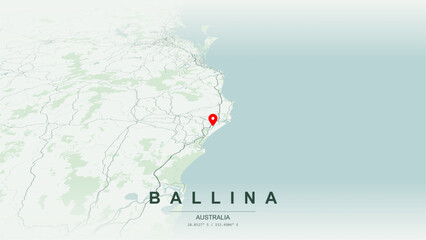 Modern minimalist vector map of Ballina, New South Wales. High-quality scalable illustration of Ballina geographic boundaries along the Richmond River mouth and Pacific Ocean coast for posters design. © AliRza