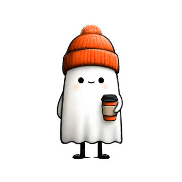 Cute cartoon ghost holding a coffee cup. Friendly Halloween mascot with warm beverage for seasonal branding.