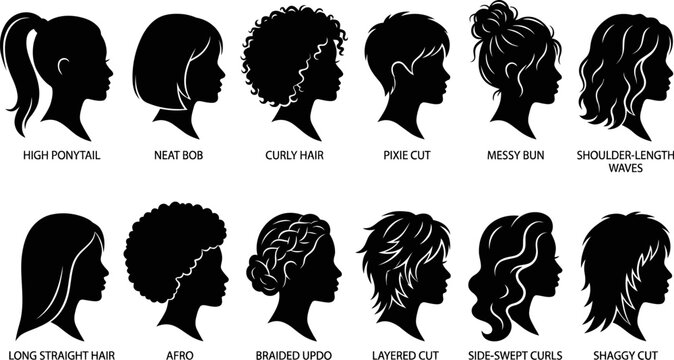 Diverse women hairstyle profiles silhouettes set for beauty salon and hair styling
