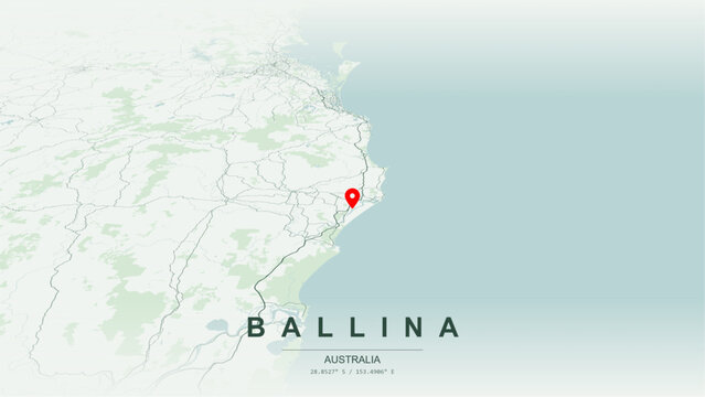 Modern minimalist vector map of Ballina, New South Wales. High-quality scalable illustration of Ballina geographic boundaries along the Richmond River mouth and Pacific Ocean coast for posters design.