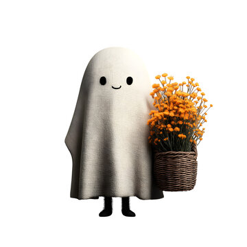 Cute ghost carrying autumn harvest basket. Friendly Halloween spirit holding fall pumpkins and gourds.