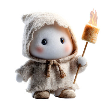 Cute winter snowman toy roasting marshmallow on stick. Adorable plush character holding skewer over flame for holiday dessert.
