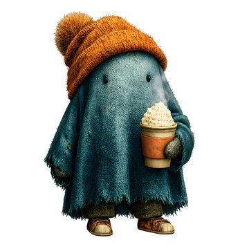 Cute ghost holding pumpkin coffee cup for Halloween. Adorable plush toy mascot with knit hat and autumn drink for seasonal branding.
