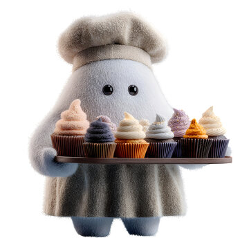 Cute ghost chef holding cupcake tray for bakery display. Adorable plush character presenting colorful desserts for party or caf&eacute; menu.