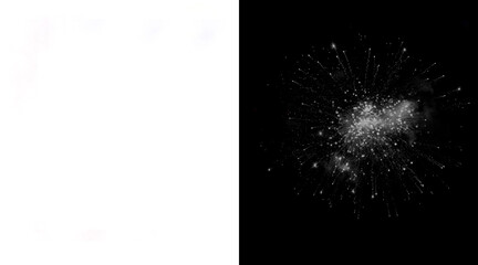 Abstract white dust particles explosion on black background, ethereal powder spray texture, glowing cosmic nebula cloud for creative design overlays © MstNadira
