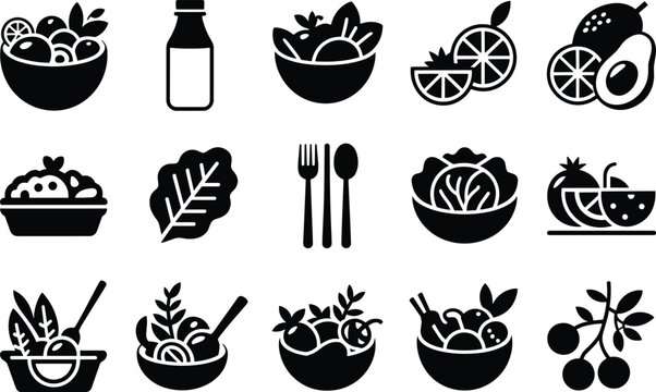 Healthy food and salad meal icons featuring black silhouettes set against white background