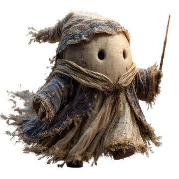 Handmade wizard scarecrow with straw and tattered cloak. Rustic Halloween decoration for outdoor autumn display.