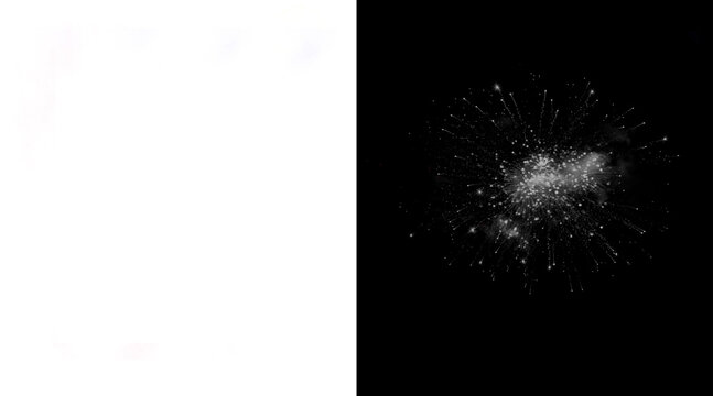 Explosive white powder burst on black background, dynamic flour splash texture, abstract dust cloud particles for creative design overlays