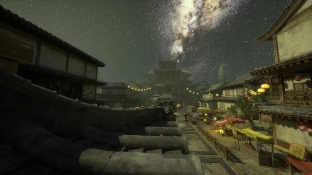 Wide avenue facing illuminated pagoda under vivid starfield, layered rooftops and glowing lanterns frame a tranquil ceremonial lane, mood of empty festival