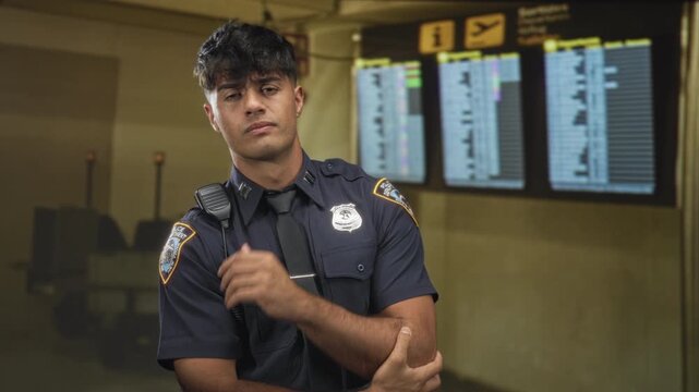 Man police officer with folded arms, hand on chin and radio mic on shoulder in an airport terminal; duty thoughtful.