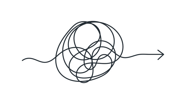 Abstract tangled path arrow. Scribble navigation concept. Creative problem solving design for business, presentations and web graphics on transparent background.