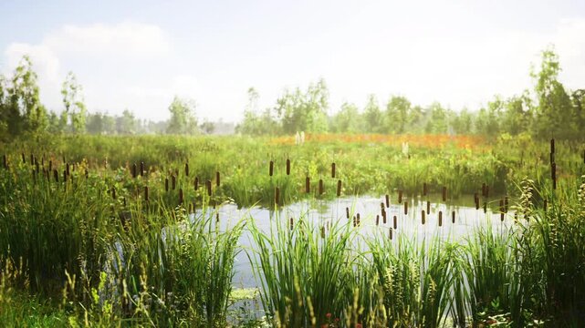 Bright highkey marsh with luminous water and tall reeds, overexposed airy aesthetic, warm summer light, soft distant trees, optimistic mood suited for wellness,