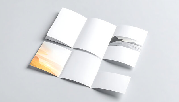 Open brochure mockup on a clean light gray surface, one panel features a vibrant sunset landscape, ideal for travel or promotional material design.