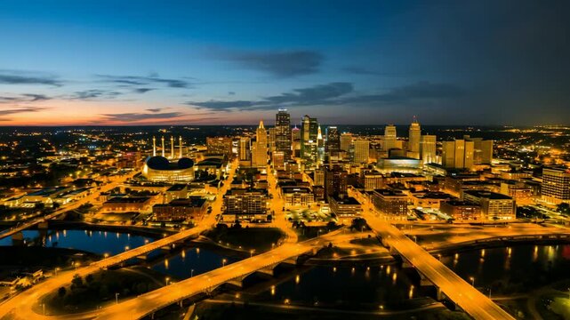 aerial view of kansas city skyline timelapse from sunset to night video