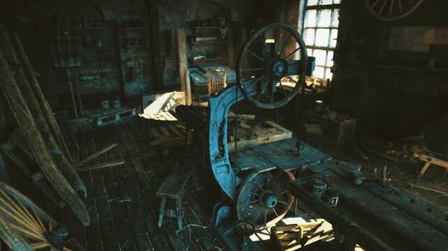 Sunlit antique lathe surrounded stacked planks. Narrow dust motes, fractured window glow, sagging rafters, scattered hand tools, artisan pause, narrative