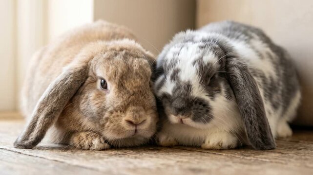 two french lop rabbit close up in french countryside morning light video