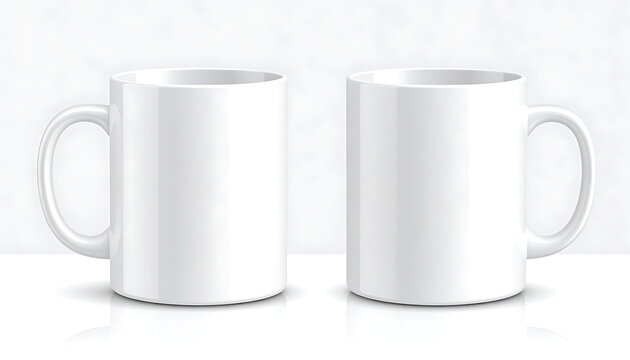 Pair of identical blank white ceramic mugs side by side, front view, customizable for branding, product mockup