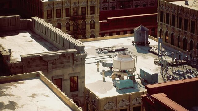 Film crew shooting rooftop scene during golden hour, cameras, lights and rigging around central pavilion, director and technicians orchestrating takes,