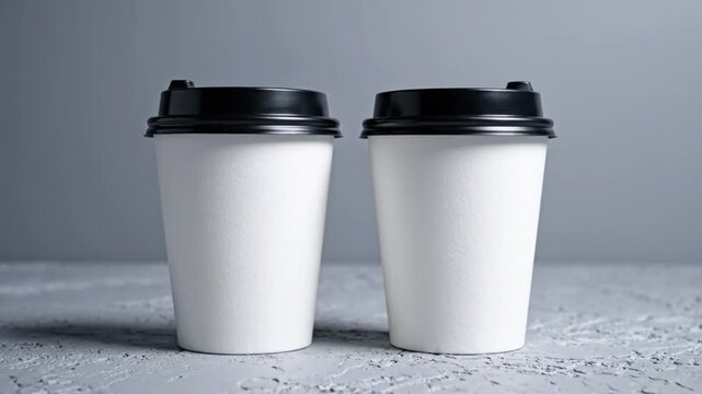 Two white paper coffee cups with black lids on a textured grey surface, simple and clean design