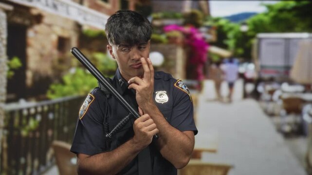 Young man police officer holds baton and touches cheek on street with badge and radio visible and outdoor cafe seating behind him; thoughtful duty.