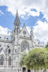 Fototapeta premium View of the Basilica of the National Vow and the Condor Tower, a neo-Gothic church in Quito’s historic center, renowned for gargoyles depicting native fauna.