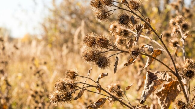 Dried burdock seed heads in an autumn field with warm sunlight and shallow depth of field