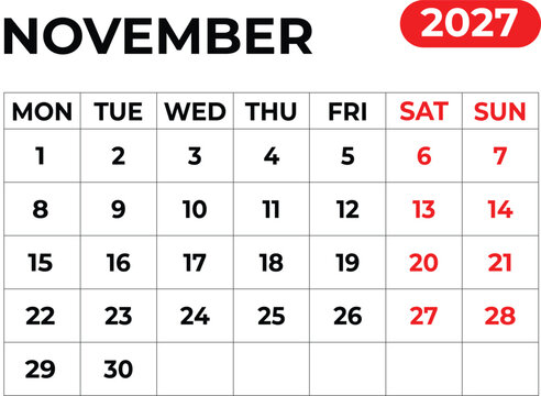 November 2027 Monthly Calendar with Sunday Start Printable Calendar