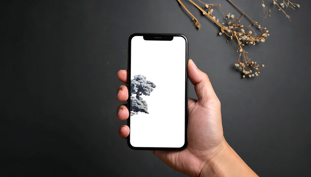Person holding a smartphone with a pixelated wave graphic on screen, dark background with dry plants