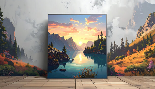 Pixel art landscape painting of a serene lake at sunset, mountains and pine trees reflected in the water, warm sky colors