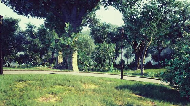 Sunlit urban park with historic monument, manicured lawn and lamp posts, walking paths crossing green space, civic atmosphere inviting leisure, tourism