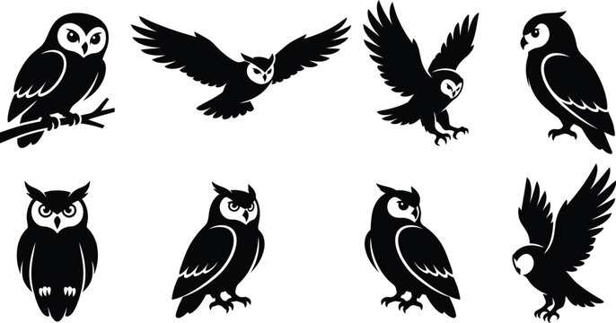 Set of black owl silhouettes in various poses for a creative animal vector design collection