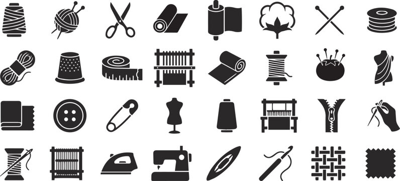 Essential black silhouette vector icon set for sewing, tailoring, knitting, and textile handicraft projects.