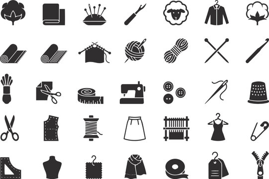 Professional black silhouette vector icon set of sewing, tailoring, knitting, and handicraft elements are ideal for fashion branding, tailoring websites, and craft graphics.