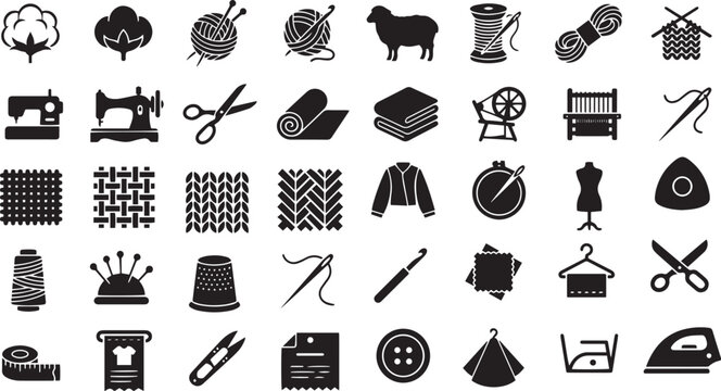 Comprehensive black silhouette vector icon set of sewing, knitting, tailoring, and textile handicraft elements.