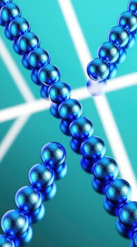 Blue metallic spheres align in cross shape pattern on glossy surface. Bright white geometric lines intersect behind shiny round balls. Abstract tech composition reflects light creating futuristic