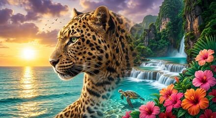 Fototapeta premium Vibrant tropical paradise landscape with majestic leopard waterfall sea turtle and ocean sunset
