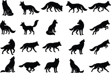 Obraz premium Set of black wolf silhouettes in various poses for a professional animal vector graphic design collection