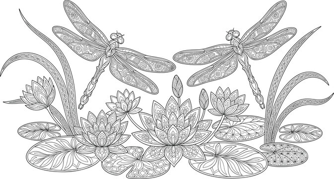 Intricate Dragonfly and Lotus Pond Black and White Line Art Vector Illustration