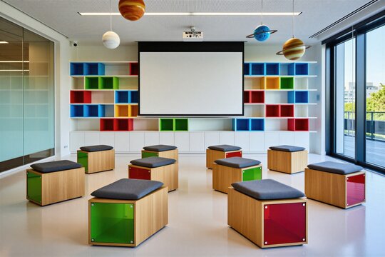 Modern classroom features colorful shelves and planetary models. Empty room has projector screen and seating cubes. Bright space ideal for learning and presentation.