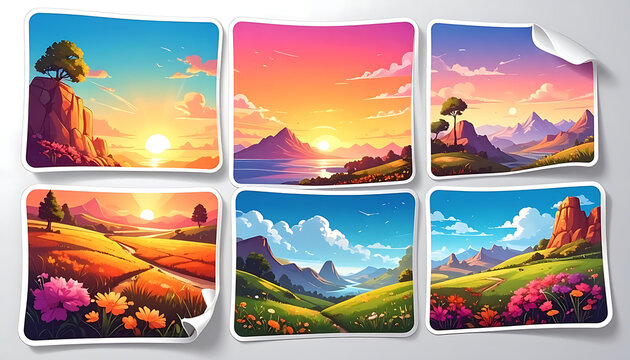 Pixel art landscapes, vibrant sunsets and rolling hills, nature scenes, digital illustration with a retro feel