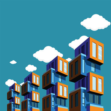 Modern modular building architecture with colorful stacked blocks on blue sky background illustration.