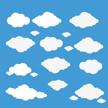 Set of cartoon clouds vector illustration isolated on blue background collection for weather design.